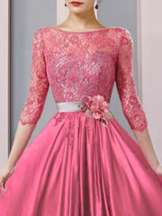 A-Line Mother of the Bride Dress Formal Church Party Elegant Scoop Neck Tea Length Satin Lace Half Sleeve with Sash / Ribbon Flower