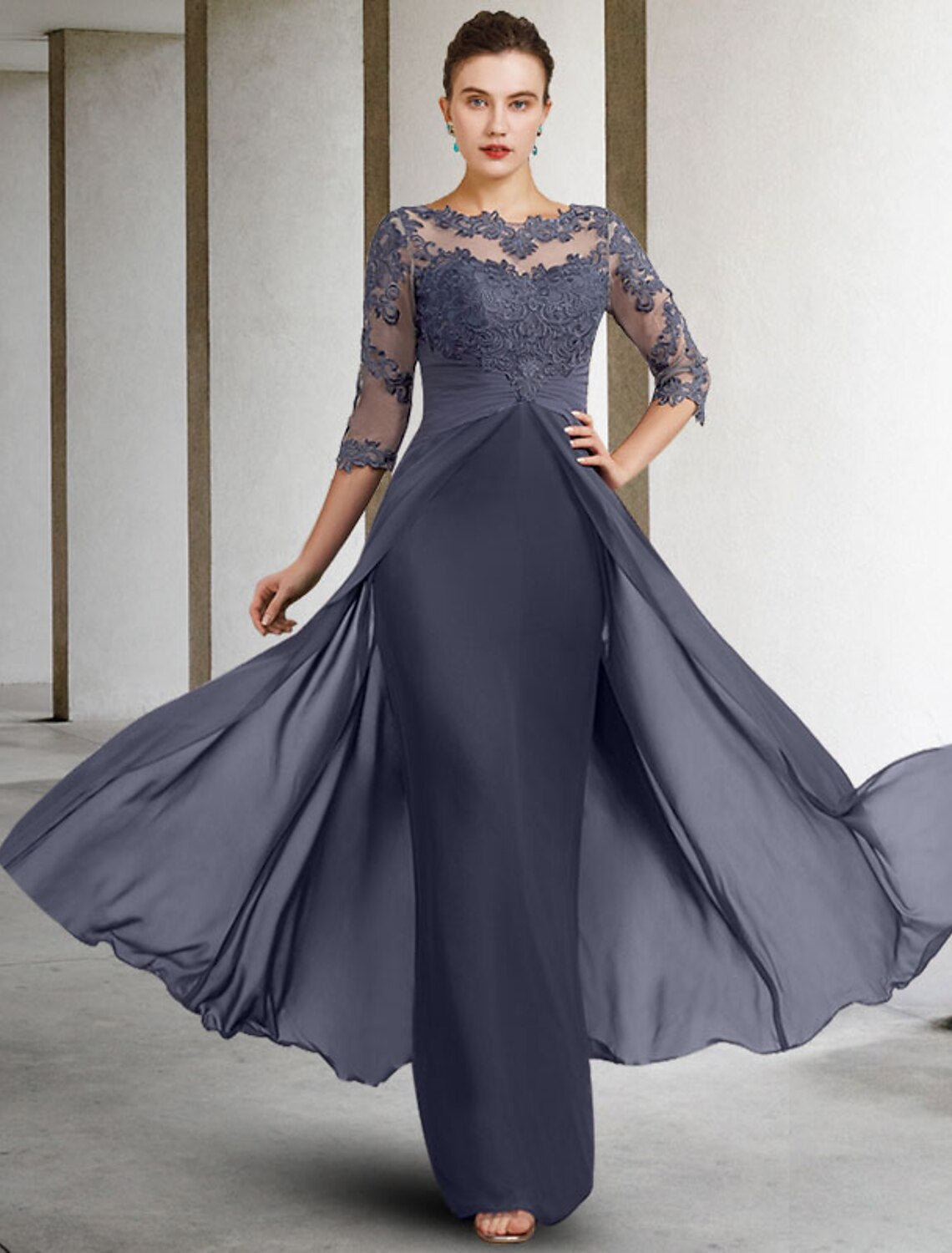 Aimishang Sheath / Column Mother of the Bride Dress Elegant Jewel Neck Floor Length Chiffon Lace 3/4 Length Sleeve with Ruched Appliques