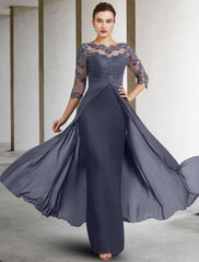 Aimishang Sheath / Column Mother of the Bride Dress Elegant Jewel Neck Floor Length Chiffon Lace 3/4 Length Sleeve with Ruched Appliques