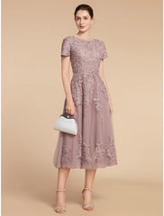 Aimishang  A-Line Mother of the Bride Dress Wedding Guest Elegant Petite Jewel Neck Tea Length Lace Tulle Short Sleeve with Ruching Flower