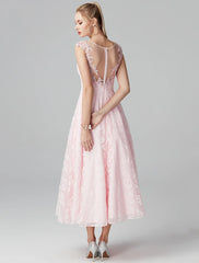 A-Line Prom Dresses Floral Dress Evening Party Ankle Length Short Sleeve Illusion Neck Lace Zipper with Appliques