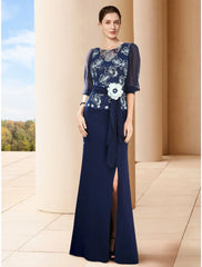 Aimishang  Sheath / Column Mother of the Bride Dress Wedding Guest Elegant Jewel Neck Floor Length Stretch Chiffon Half Sleeve with Split Front Ruching Flower