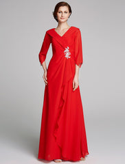 Aimishang A-Line Mother of the Bride Dress Elegant V Neck Floor Length Chiffon Half Sleeve with Pleats Appliques
