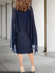 Aimishang Sheath / Column Mother of the Bride Dress Plus Size Jewel Neck Tea Length Chiffon Long Sleeve with Crystal Brooch
