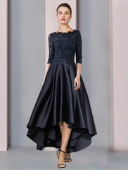 Aimishang  A-Line Mother of the Bride Dress Wedding Guest Elegant High Low Scoop Neck Asymmetrical Tea Length Satin Lace 3/4 Length Sleeve with Pleats Appliques Flower