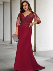 Aimishang A-Line Plus Size Curve Mother of the Bride Dresses Elegant Dress Formal Wedding Guest Court Train 3/4 Length Sleeve V Neck Chiffon with Sequin Slit Appliques