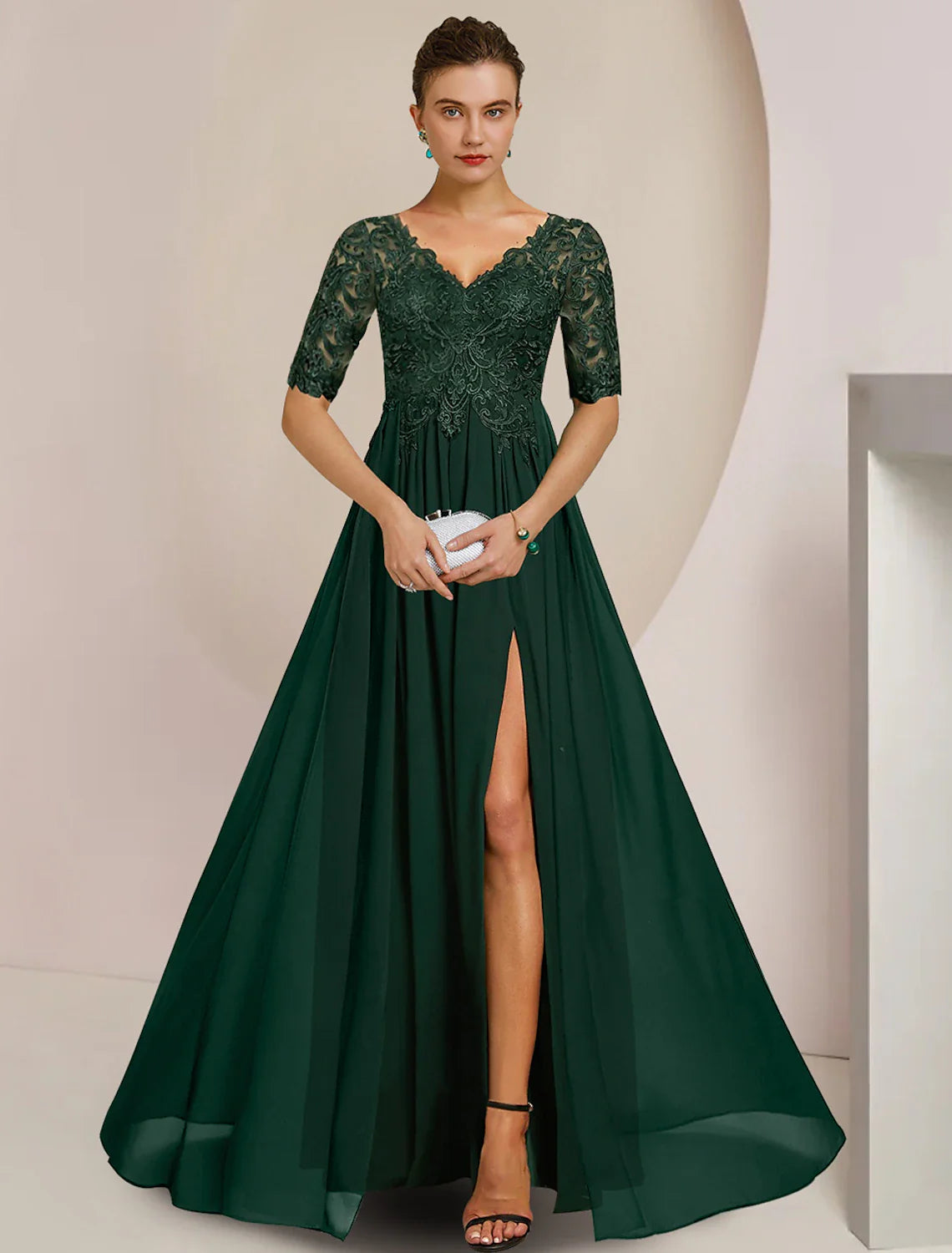 Aimishang  A-Line Mother of the Bride Dress Formal Wedding Guest Elegant V Neck Floor Length Chiffon Lace Half Sleeve with Pleats Appliques Split Front