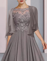Aimishang  A-Line Mother of the Bride Dress Formal Wedding Guest Elegant Scoop Neck Floor Length Chiffon Lace Half Sleeve Wrap Included with Pleats Beading Appliques