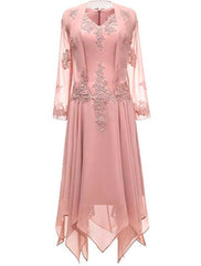 Two Piece A-Line Mother of the Bride Dress Wedding Guest Church Wrap Included V Neck Knee Length Chiffon 3/4 Length Sleeve with Pleats