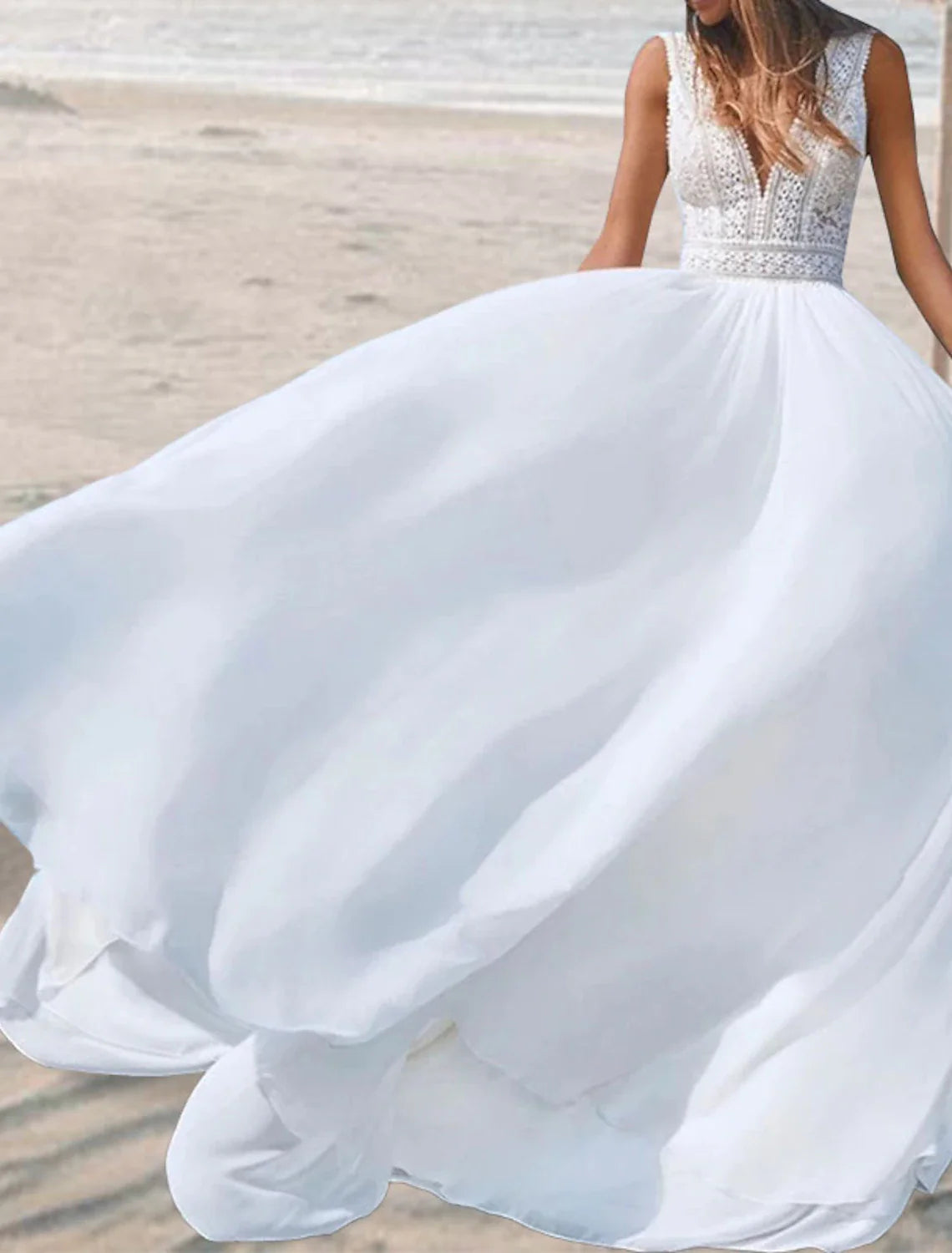 Aimishang Beach Open Back Boho Wedding Dresses A-Line V Neck Sleeveless Floor Length Chiffon Bridal Gowns With