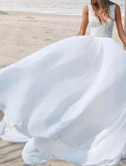 Aimishang Beach Open Back Boho Wedding Dresses A-Line V Neck Sleeveless Floor Length Chiffon Bridal Gowns With
