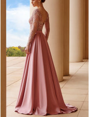 A-Line Mother of the Bride Dress Wedding Guest Elegant Scoop Neck Sweep / Brush Train Stretch Satin Long Sleeve with Lace Sash / Ribbon Ruching