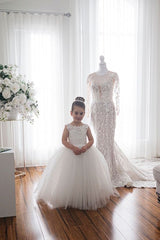 Ivory Jewel Sleeveless Flower Girl Dress with Tulle Appliques and Bow