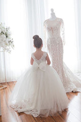 Ivory Jewel Sleeveless Flower Girl Dress with Tulle Appliques and Bow