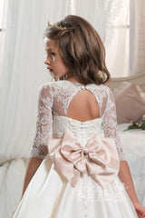 Ivory Long Sleeves Ball Gown Chiffon Lace Flower Girls Dress