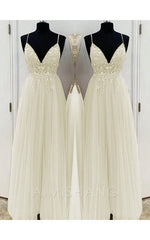 Aimishang A-Line Elegant Beading Tulle Spaghetti Straps Sleeveless Floor-Length Prom Dresses