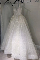 Sparkly V-neck Sleeveless Backless Floor-length Wedding Dresses,Prom Dresses,AST1219