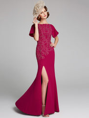 Aimishang Mermaid / Trumpet Mother of the Bride Dress Bateau Neck Floor Length Chiffon Lace Short Sleeve with Lace Split Front