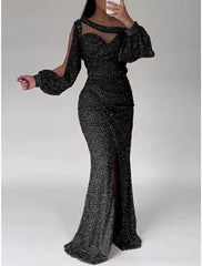 Mermaid Dress Evening Gown Champagne Gown Sparkle Sequin Dress Formal Floor Length Long Sleeve Scoop Neck with Ruched Slit