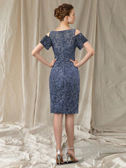Sheath / Column Mother of the Bride Dress Elegant Jewel Neck Knee Length Chiffon Lace Short Sleeve