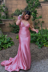 Pink V-Neck Elastic Satin Long Mermaid Prom Dresses