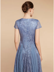 Aimishang  A-Line Mother of the Bride Dress Wedding Guest Elegant Petite V Neck Knee Length Chiffon Lace Short Sleeve with Ruching Solid Color