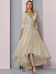 Aimishang  A-Line Mother of the Bride Dress Wedding Guest Elegant High Low V Neck Asymmetrical Ankle Length Satin Half Sleeve with Pleats Side-Draped