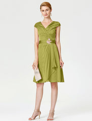 Aimishang A-Line Mother of the Bride Dress Elegant V Neck Knee Length Satin Chiffon Short Sleeve No with Sash / Ribbon Pleats Beading
