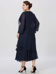 Aimishang  Sheath / Column Mother of the Bride Dress Formal Classic & Timeless Elegant & Luxurious Plus Size Jewel Neck Tea Length Chiffon 3/4 Length Sleeve yes with Pleats Tiered