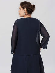 Aimishang  Sheath / Column Mother of the Bride Dress Formal Classic & Timeless Elegant & Luxurious Plus Size Jewel Neck Tea Length Chiffon 3/4 Length Sleeve yes with Pleats Tiered