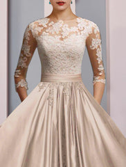Aimishang  A-Line Mother of the Bride Dress Formal Wedding Guest Party Elegant Scoop Neck Ankle Length Satin Lace 3/4 Length Sleeve with Pleats Appliques