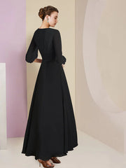 A-Line Mother of the Bride Dress Formal Wedding Guest Vintage Elegant V Neck Asymmetrical Ankle Length Chiffon 3/4 Length Sleeve