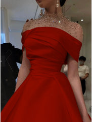 A-Line Evening Gown Elegant Dress Formal Red Green Dress Floor Length Short Sleeve Illusion Neck Satin with Ruched Beading