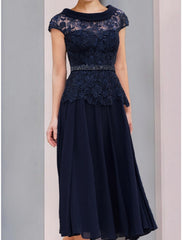 Aimishang  A-Line Mother of the Bride Dress Wedding Guest Elegant Scoop Neck Tea Length Chiffon Lace Short Sleeve with Sequin Ruching Solid Color