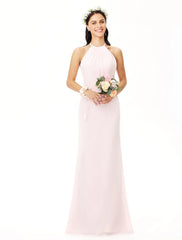 Sheath / Column Bridesmaid Dress Jewel Neck Sleeveless Elegant Floor Length Chiffon with Pleats