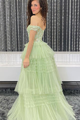 Off the Shoulder Light Blue Tiered Tulle Prom Dresses