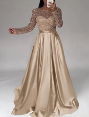 A-Line Evening Gown Sparkle Dress Wedding Black Tie Floor Length Long Sleeve Jewel Neck Satin with Sequin 2025