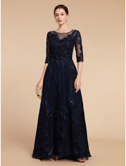 Aimishang  A-Line Mother of the Bride Dress Formal Wedding Guest Elegant Party Scoop Neck Floor Length Chiffon Lace 3/4 Length Sleeve with Sequin Appliques