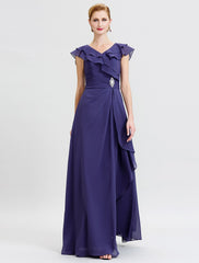 Aimishang A-Line Mother of the Bride Dress Formal Open Back Elegant V Neck Floor Length Chiffon Short Sleeve No with Sash / Ribbon Crystal Brooch