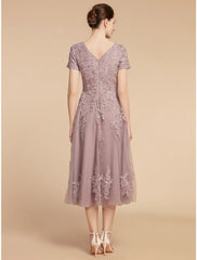 Aimishang  A-Line Mother of the Bride Dress Wedding Guest Elegant Petite Jewel Neck Tea Length Lace Tulle Short Sleeve with Ruching Flower