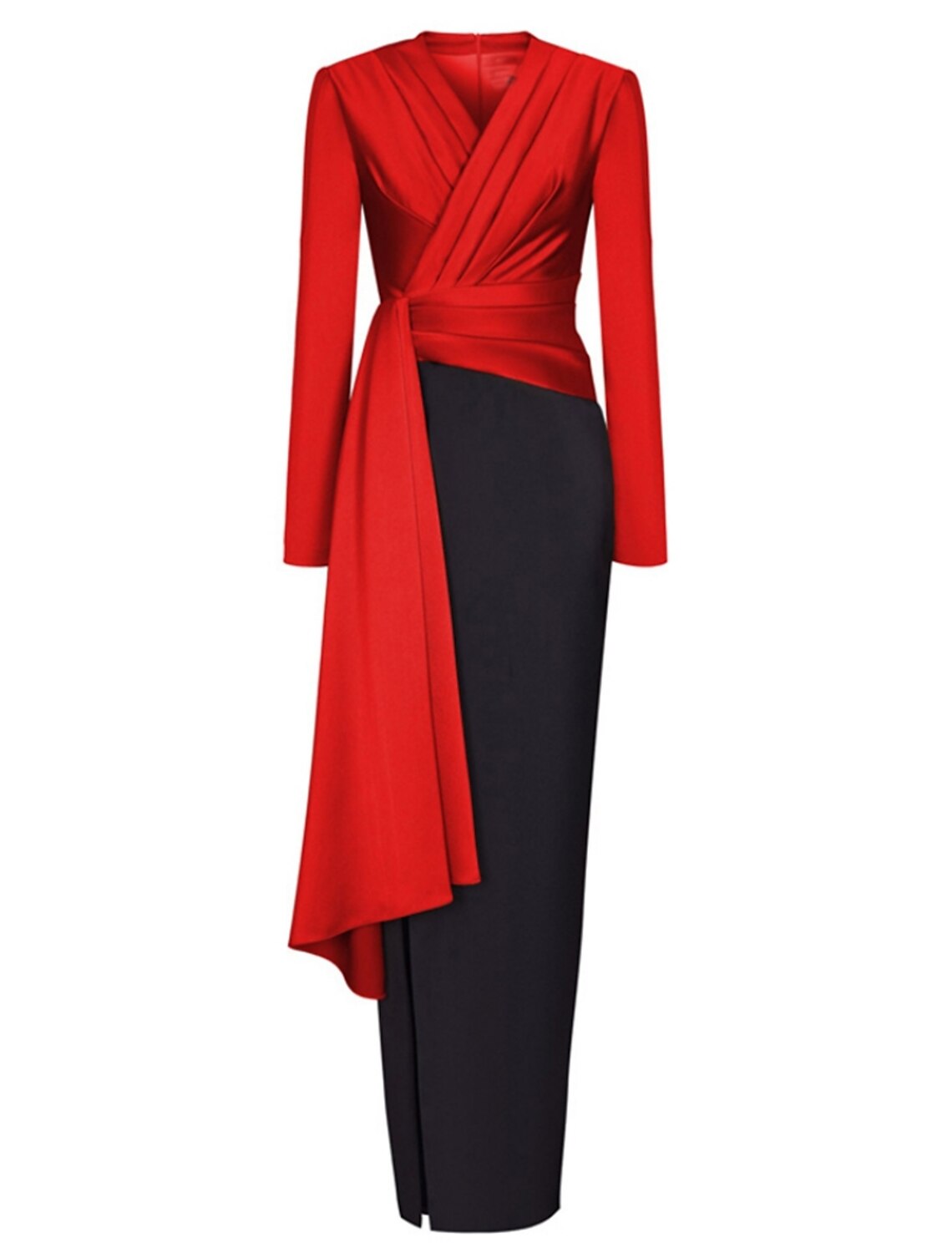 Wholesale A-Line Evening Black Dress Christmas Elegant Dress Formal Ankle Length Long Sleeve V Neck Satin with Ruched Slit
