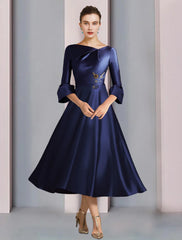 Aimishang A-Line Mother of the Bride Dress Formal Wedding Guest Elegant Bateau Neck Tea Length Satin 3/4 Length Sleeve