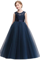 Jewel Illussion Neck Flower Girl Dress with Tulle lace