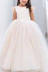 Jewel Sleeveless Ball Gown with Lace Appliques and Bow for Flower Girl Dress
