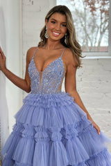 Sparkly Lilac A Line Beaded Long Tiered Corset Prom Dress With Slit Sexy