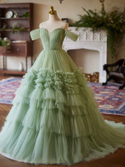 A-Line Off Shoulder Tulle Green Long Prom Dress Sweet 16 Dress Floor Length Solid Color