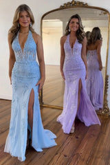 Wholesale Light Blue Prom Dress Mermaid Deep V-Neck Long Lace With Split Charming Lilac Evening Dress