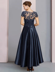 A-Line Mother of the Bride Dress Formal Wedding Guest Party Elegant High Low Scoop Neck Asymmetrical Tea Length Satin Lace Half Sleeve with Sequin Appliques