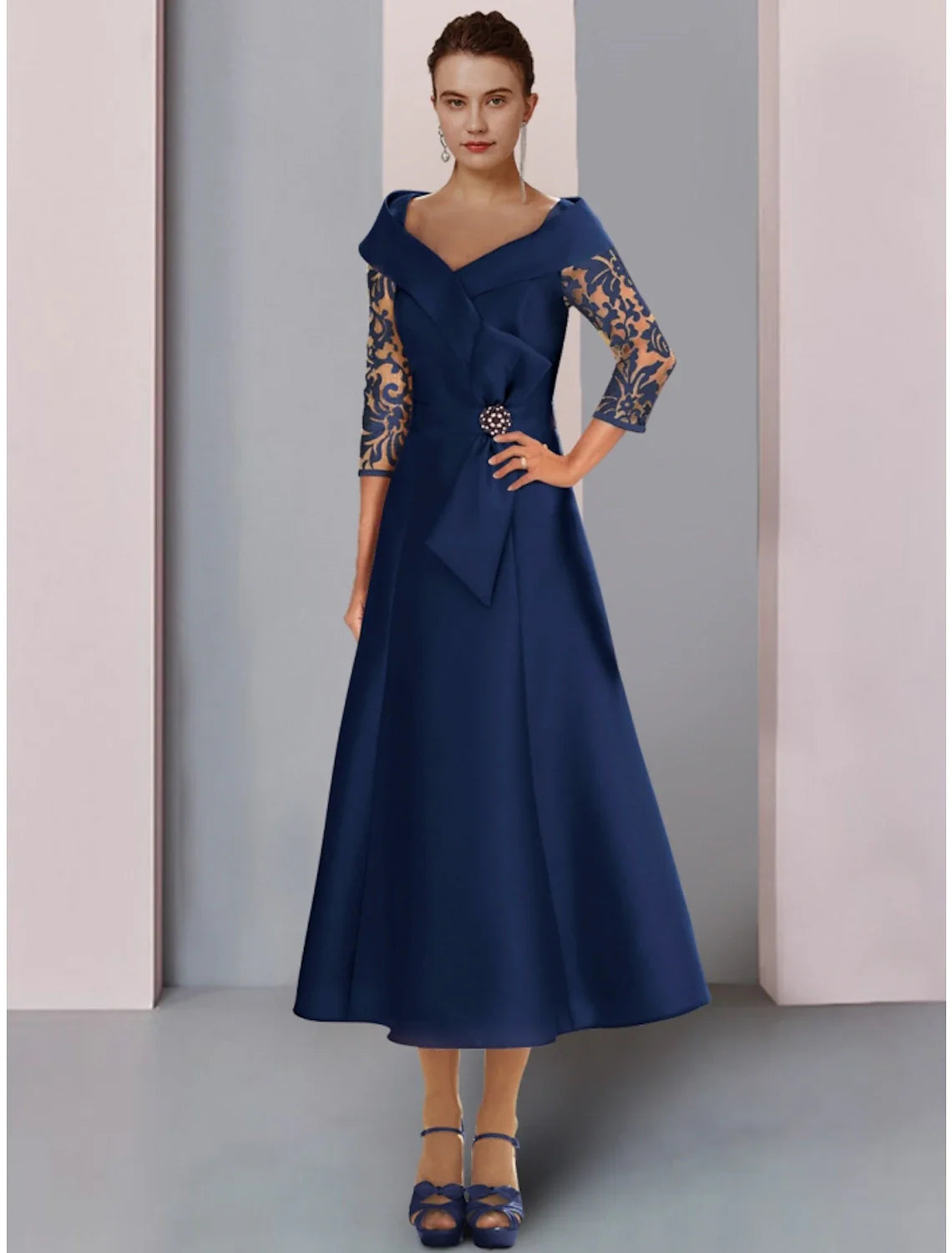 Aimishang  A-Line Mother of the Bride Dress Wedding Guest Elegant Petite V Neck Tea Length Satin Lace 3/4 Length Sleeve with Bow(s) Crystal Brooch Ruching