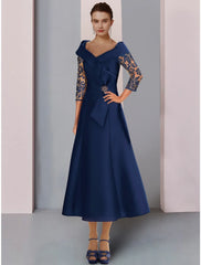 Aimishang  A-Line Mother of the Bride Dress Wedding Guest Elegant Petite V Neck Tea Length Satin Lace 3/4 Length Sleeve with Bow(s) Crystal Brooch Ruching